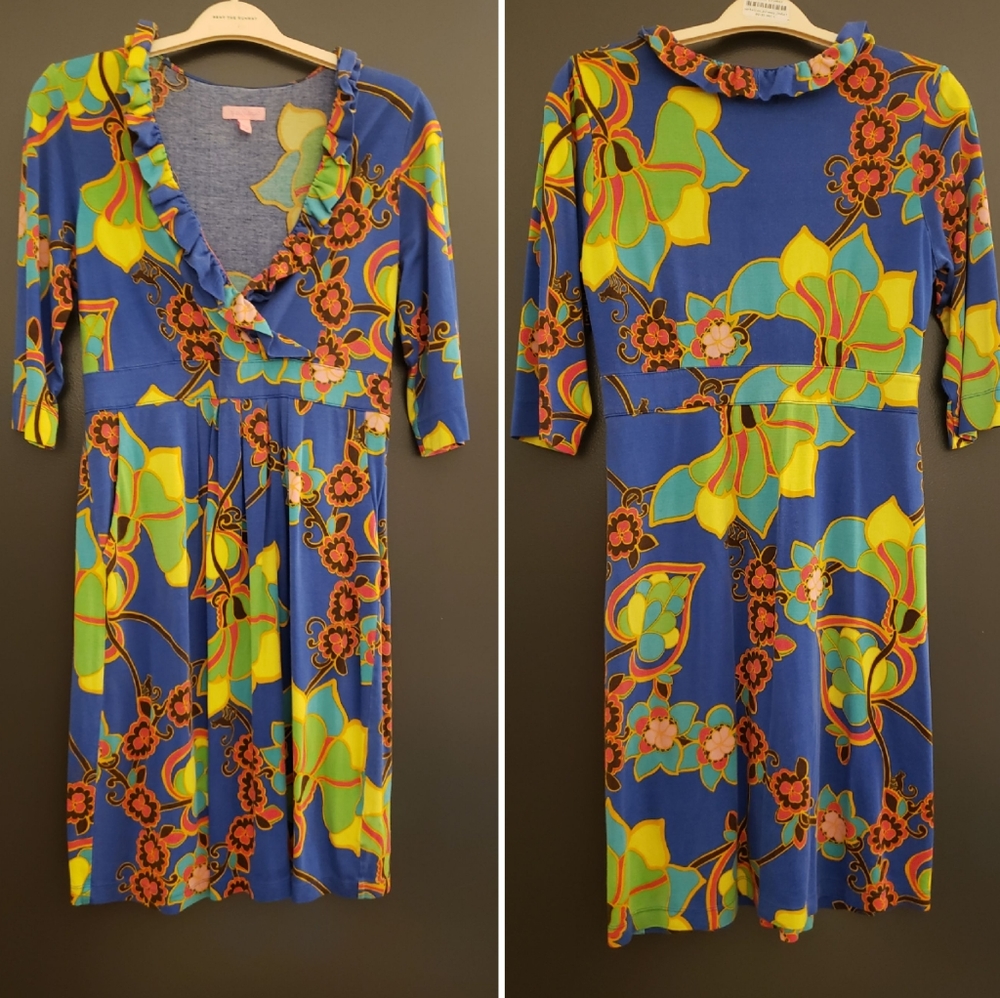 Lilly Pulitzer 3/4 Sleeve Blue V Neck Dress with Pockets - Large